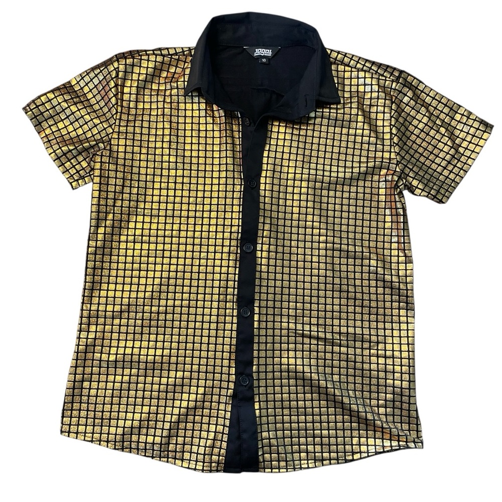 Boys Gold Grid Short-Sleeve Button-Down Shirt with Black Trim size 10 FLASHY 🌟